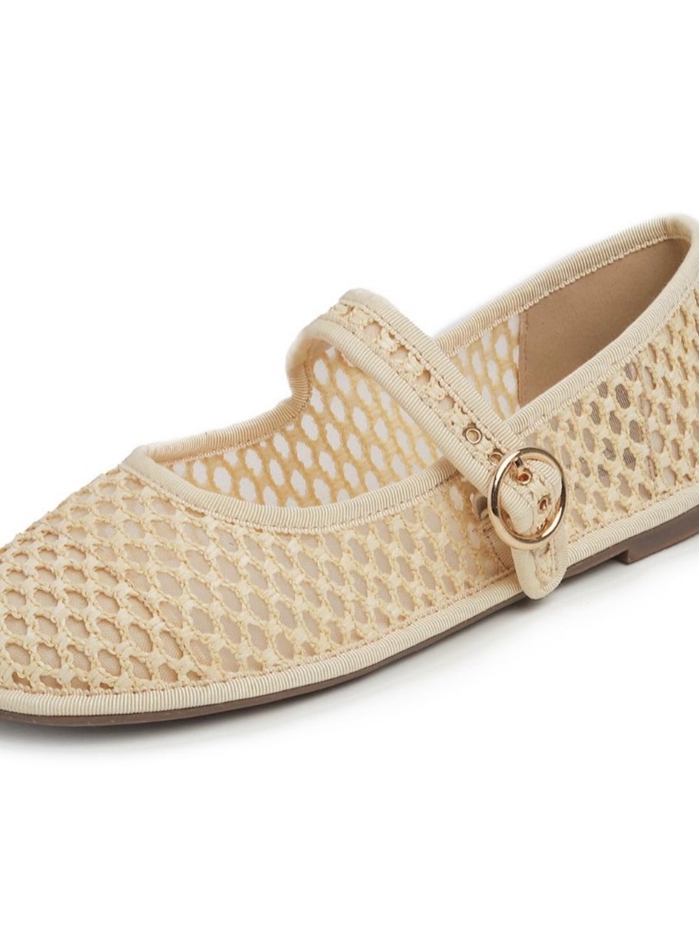 FEVERSOLE Beige Mesh Mary Jane Flats with Gold Buckle